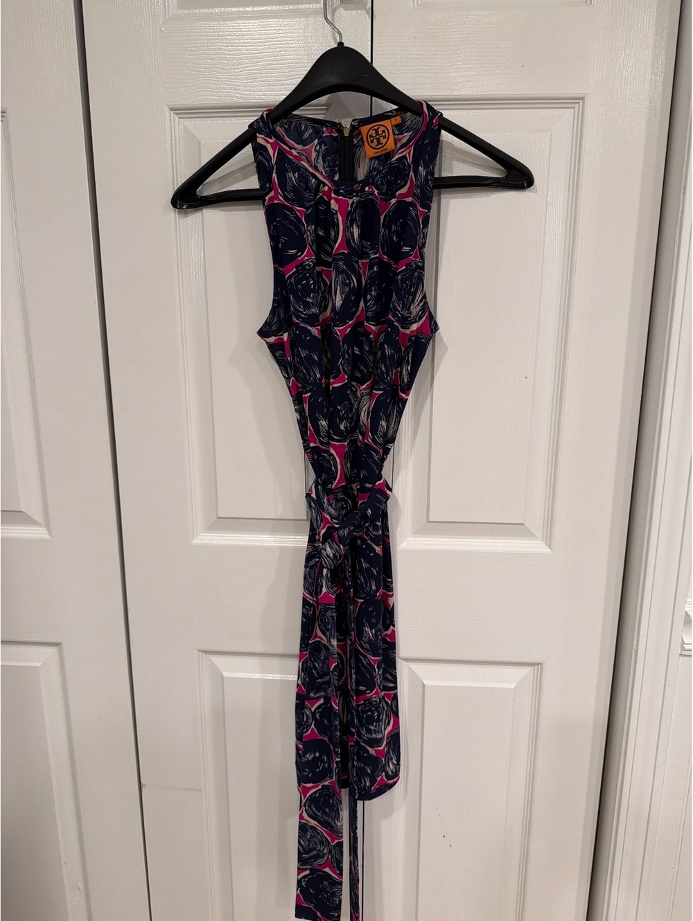 Tory Burch Sleeveless Printed Dress with Tie Waist, Size M
